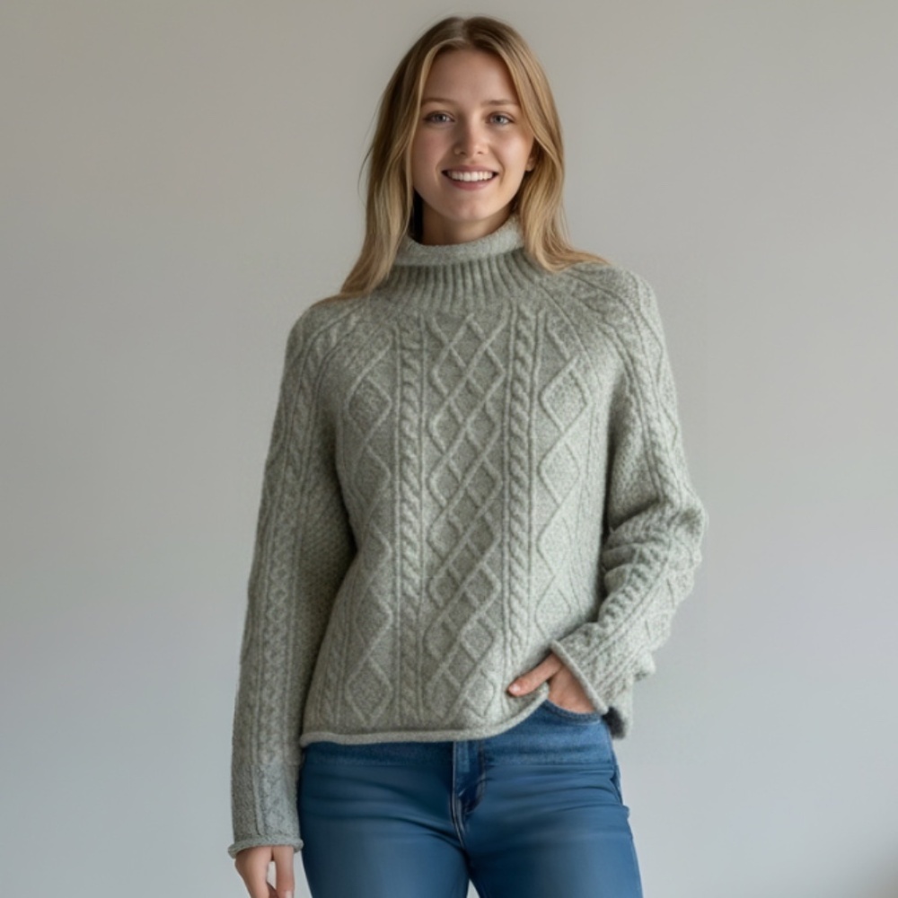 J. Crew Merino Wool Cable Knit Turtleneck Sweater | Gray Melange | XS